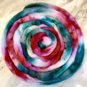 Hand Dyed Wool Roving in Cranberry & Pines